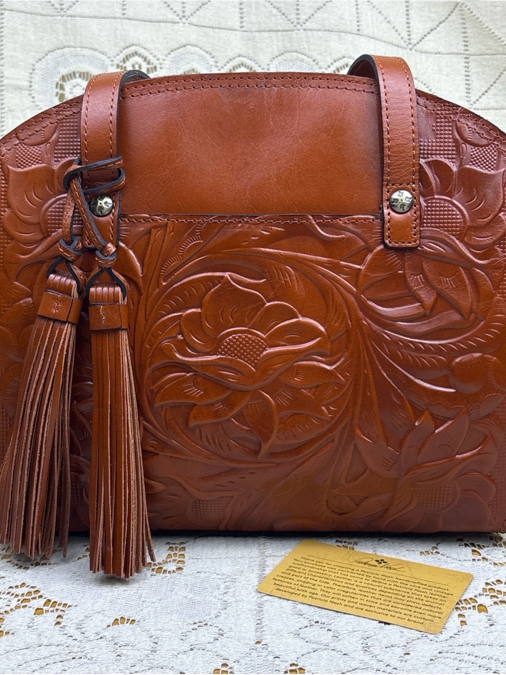 Patricia Nash Miranda Round Leather Tooled Floral Tassel Handbag Cinnamon